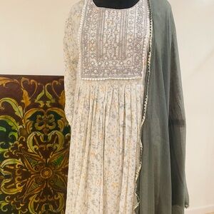 White 3 piece Kurti set with Bandhani pants and chiffon Duppatta .